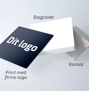 Dørhåndtag med logo - print bliver indstøbt i håndtaget og monteres på en konsol